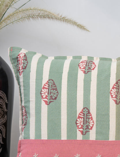 Block Printed Peach & Mint Daisy Cushion Cover