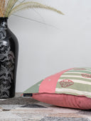 Peach Cotton Hand Block Print Bedsheet with 5 Grey Daisy Hand-Embroidered Cushion Covers Set | Craftroots