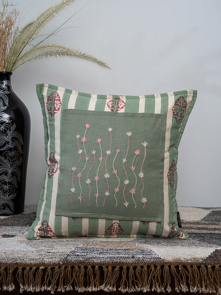 Floral Handblock Peach & Mint Cushion Cover