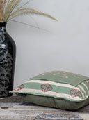 Peach Cotton Hand Block Print Bedsheet with 5 Grey Daisy Hand-Embroidered Cushion Covers Set | Craftroots
