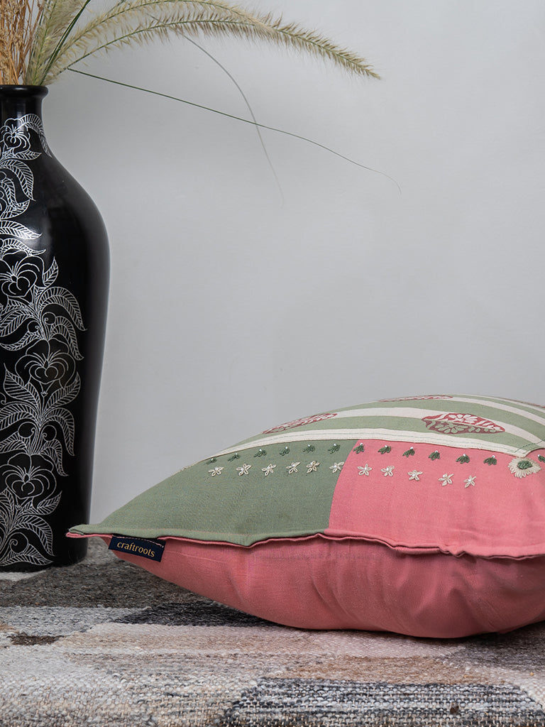 Hand-Embroidered Peach & Green Daisy Cushion Cover