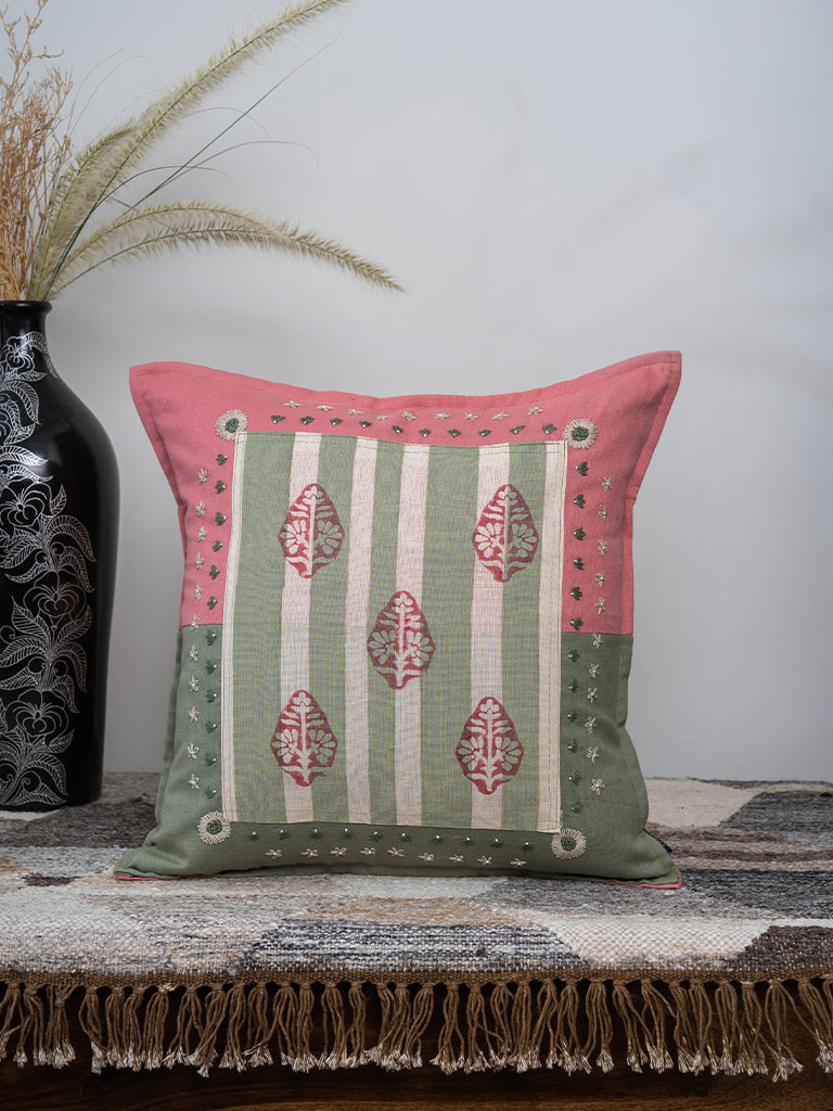 Hand-Embroidered Peach & Green Daisy Cushion Cover