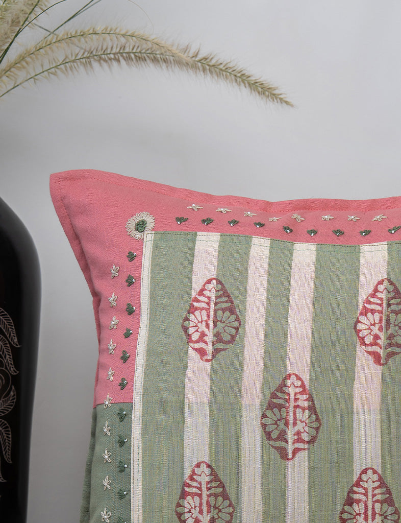 Hand-Embroidered Peach & Green Daisy Cushion Cover