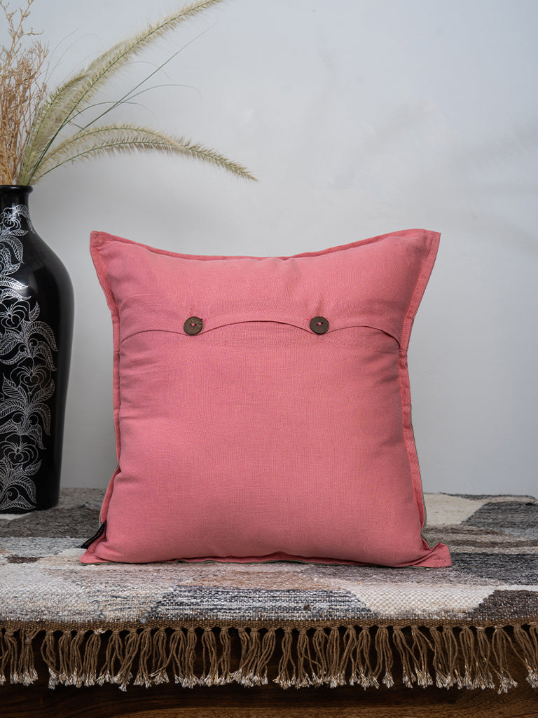 Hand-Embroidered Peach & Green Daisy Cushion Cover