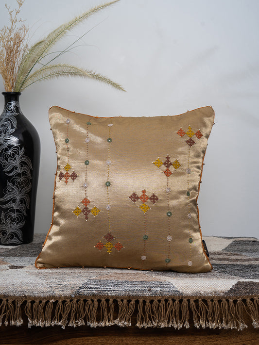 Ivory Gaji Silk Hand-Embroidered Cushion Cover