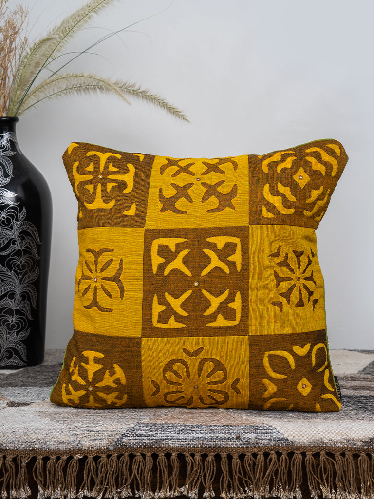Handcrafted Applique Mustard Cushion Cover