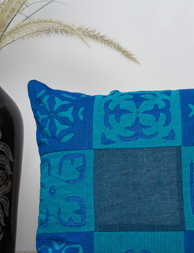 Multi Patch Blue Applique Cushion Cover