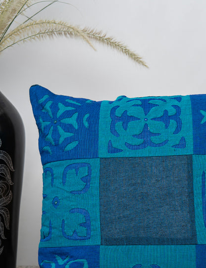 Multi Patch Blue Applique Cushion Cover