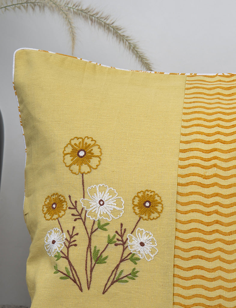 Yellow Floral Cotton Cushion Cover