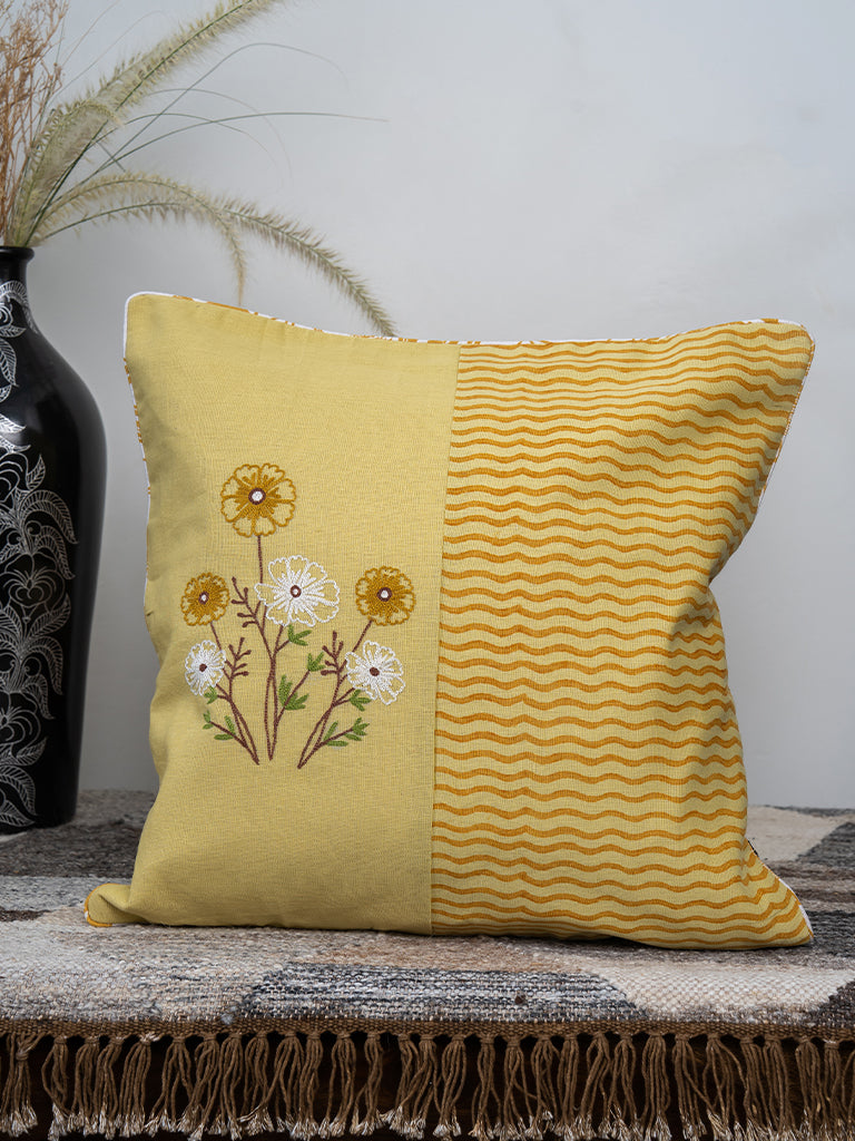 Yellow Floral Cotton Cushion Cover