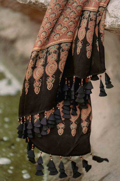 Ajrakh All Over Floral Modal Saree With Tassels