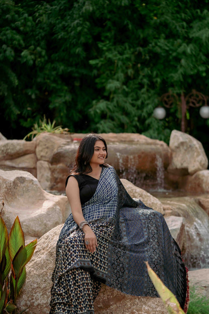 Contemporary Ajrakh Modal Saree With Crafted Tassels