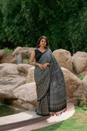 Contemporary Ajrakh Modal Saree With Crafted Tassels