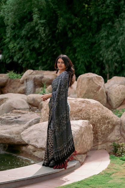 Contemporary Ajrakh Modal Saree With Crafted Tassels