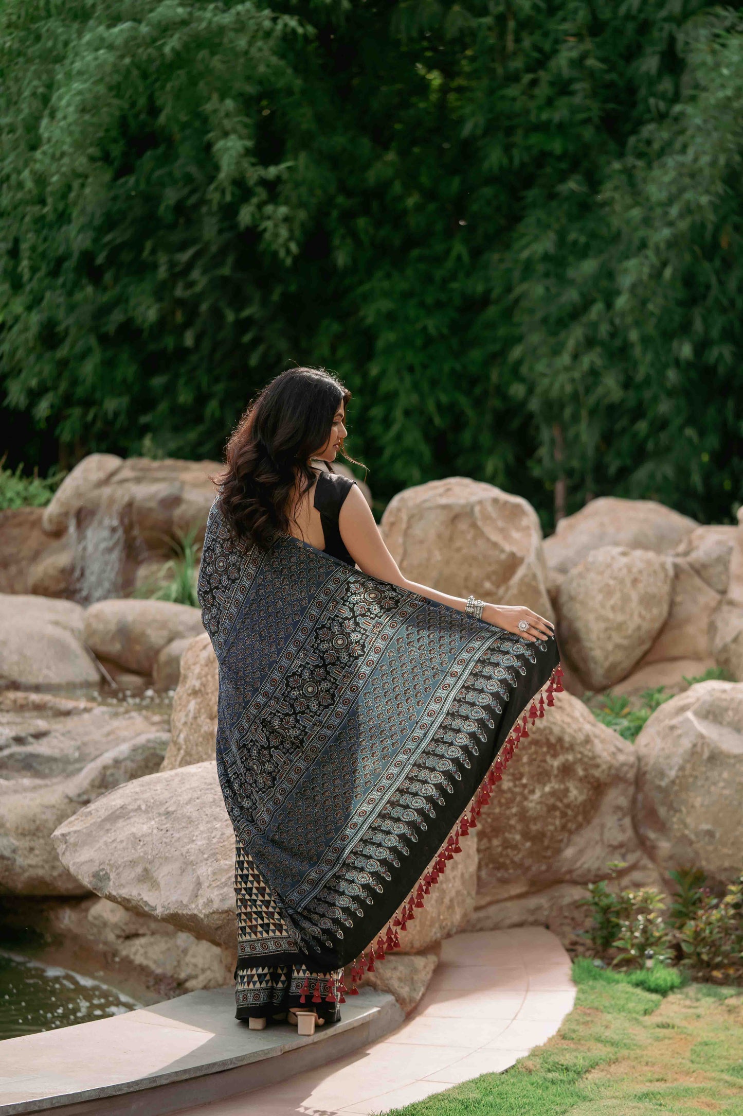 Contemporary Ajrakh Modal Saree With Crafted Tassels