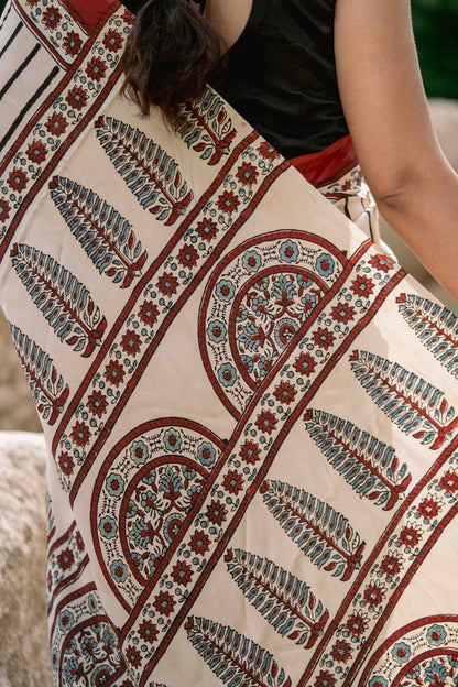 Ajrakh Modal Silk Red and White Saree