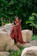 Orange-Black Ajrakh Modal Saree With Tassels