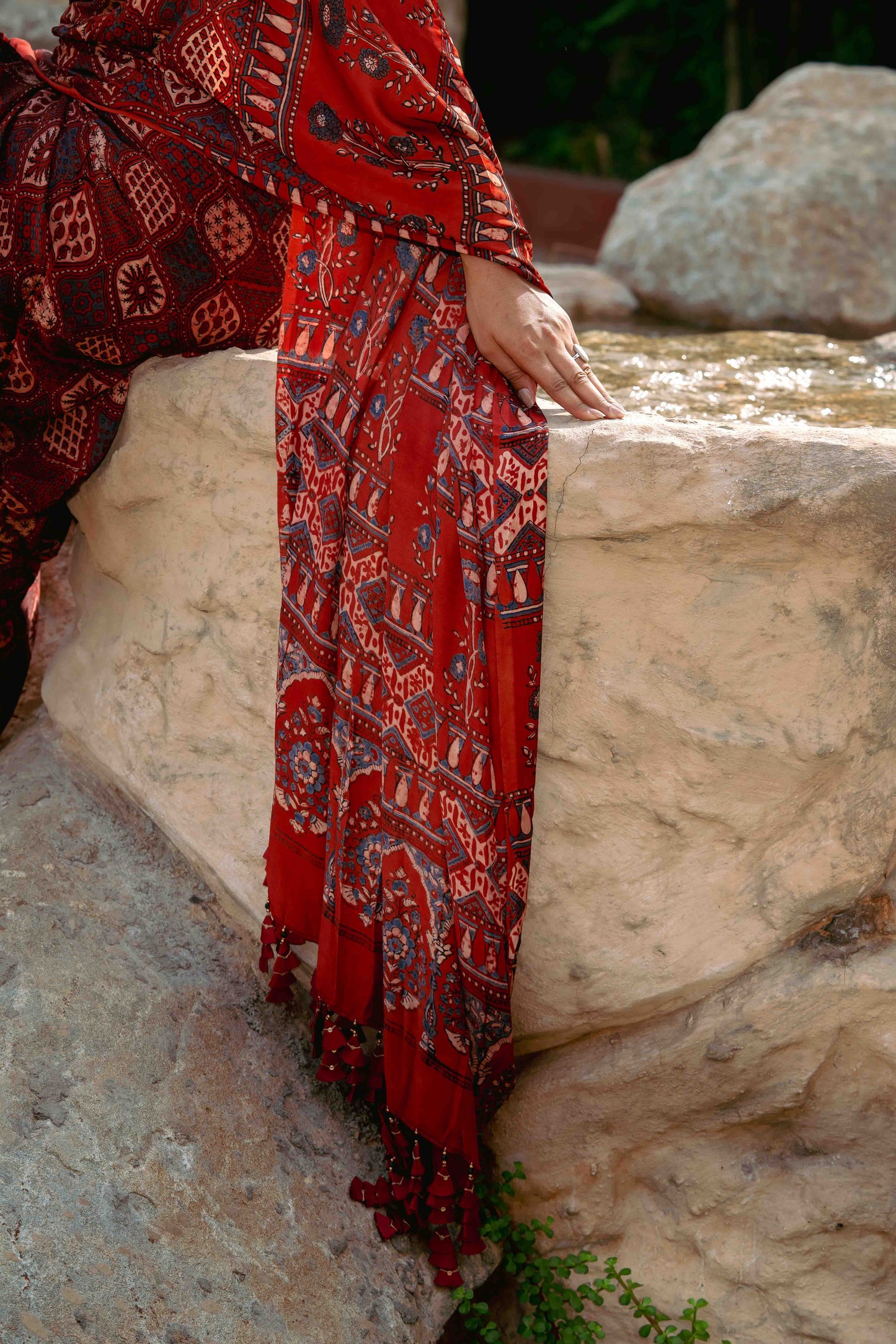 Orange-Black Ajrakh Modal Saree With Tassels