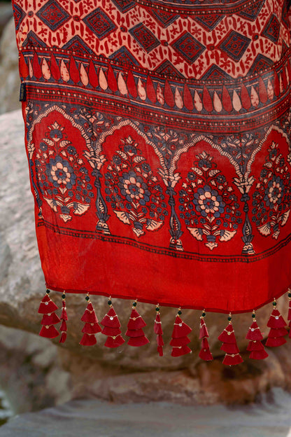 Orange-Black Ajrakh Modal Saree With Tassels
