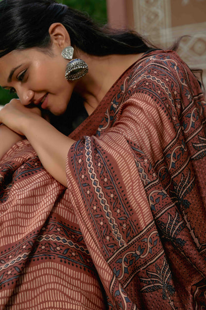 Ajrakh Modal Saree With Handmade Tassels