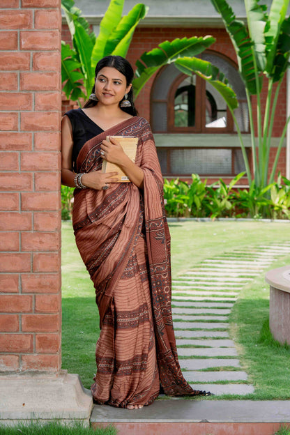 Ajrakh Modal Saree With Handmade Tassels