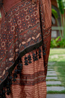 Ajrakh Modal Saree With Handmade Tassels