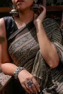Ajrakh Black Saree With Handmade Tassels