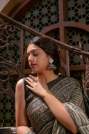 Ajrakh Black Saree With Handmade Tassels