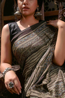 Ajrakh Black Saree With Handmade Tassels