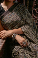 Ajrakh Black Saree With Handmade Tassels