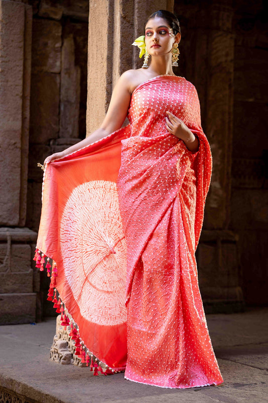 Bandhani Shibori Peach Saree With Tassels