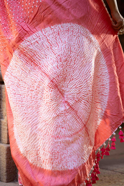 Bandhani Shibori Peach Saree With Tassels