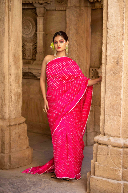 Pink Bandhej Saree  Saree With  Tassels
