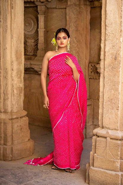 Pink Bandhej Saree  Saree With  Tassels