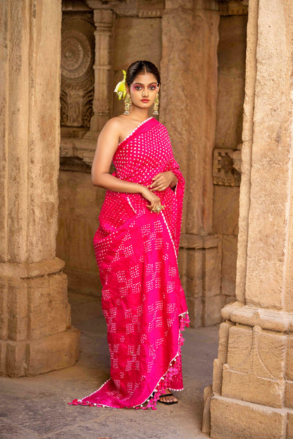 Pink Bandhej Saree  Saree With  Tassels