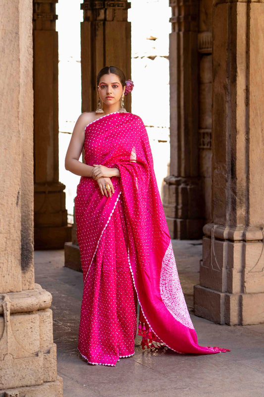 Pink Bandhani Shibori Saree With Artisanal Tassels
