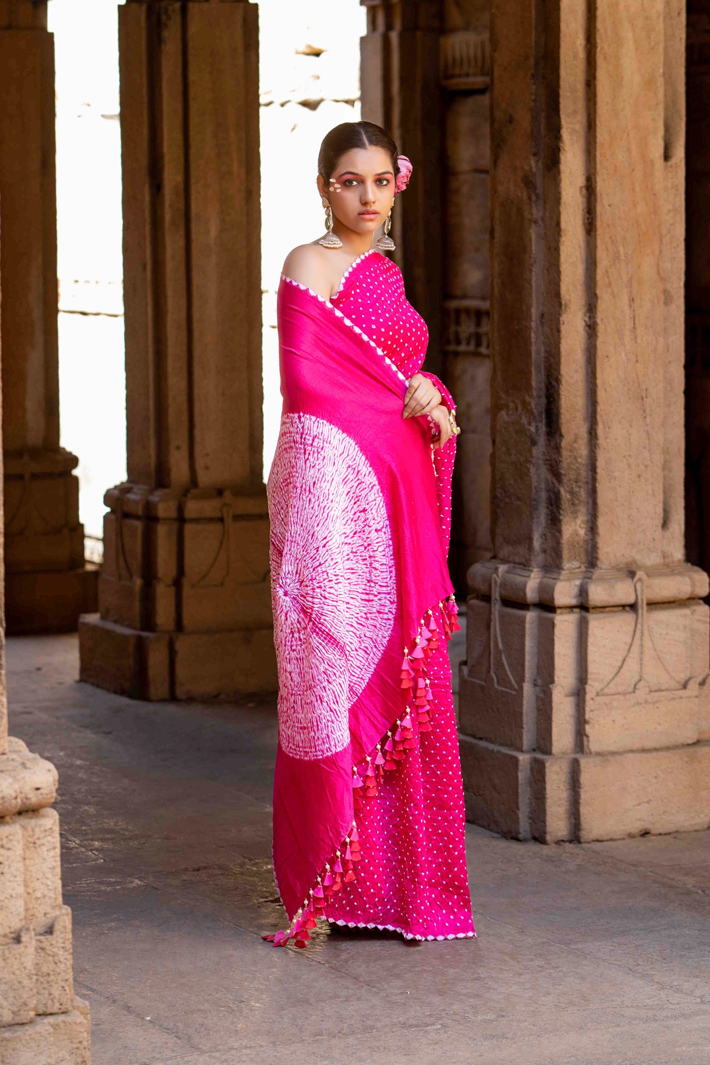 Pink Bandhani Shibori Saree With Artisanal Tassels