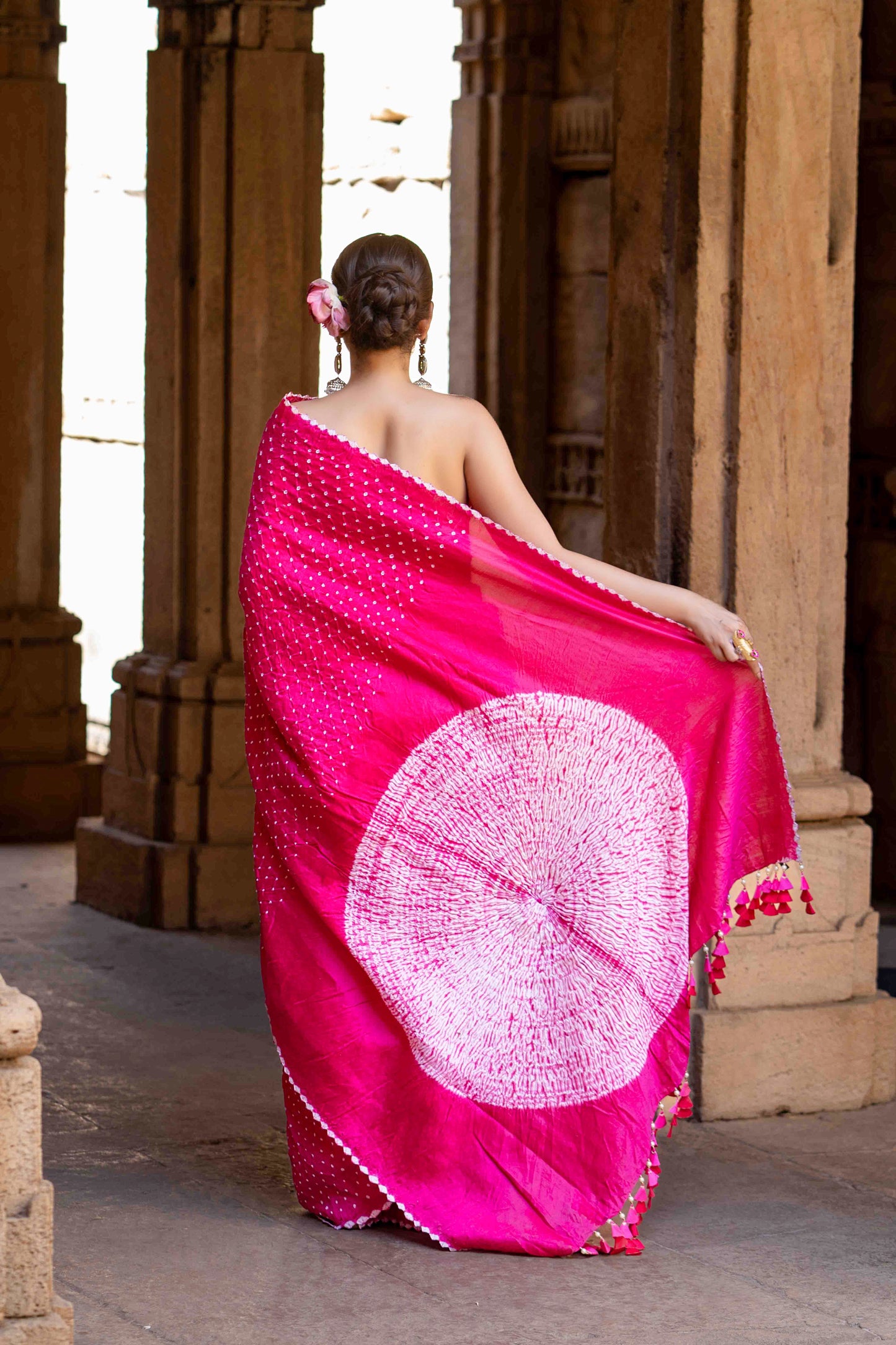 Pink Bandhani Shibori Saree With Artisanal Tassels