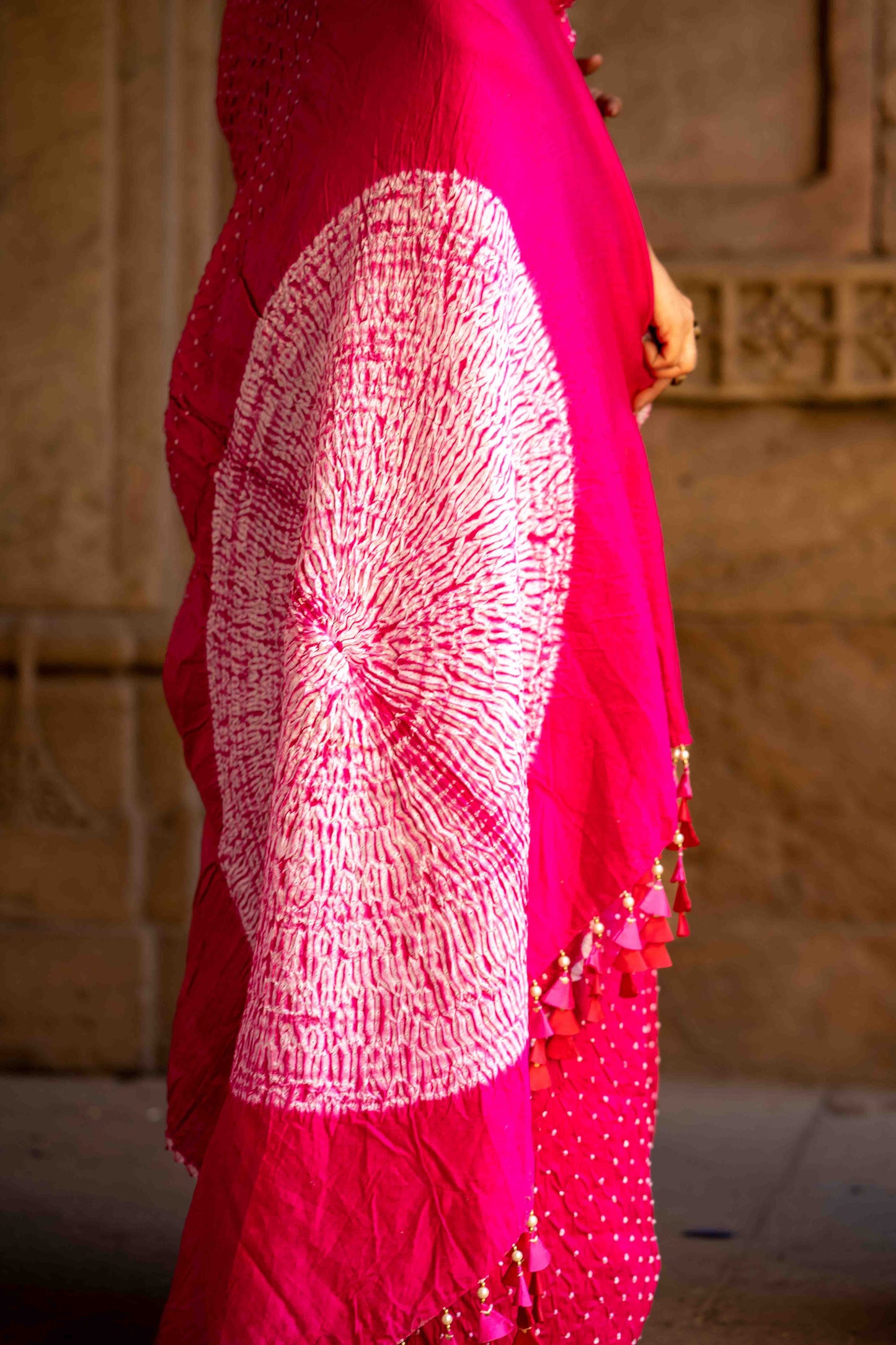 Pink Bandhani Shibori Saree With Artisanal Tassels