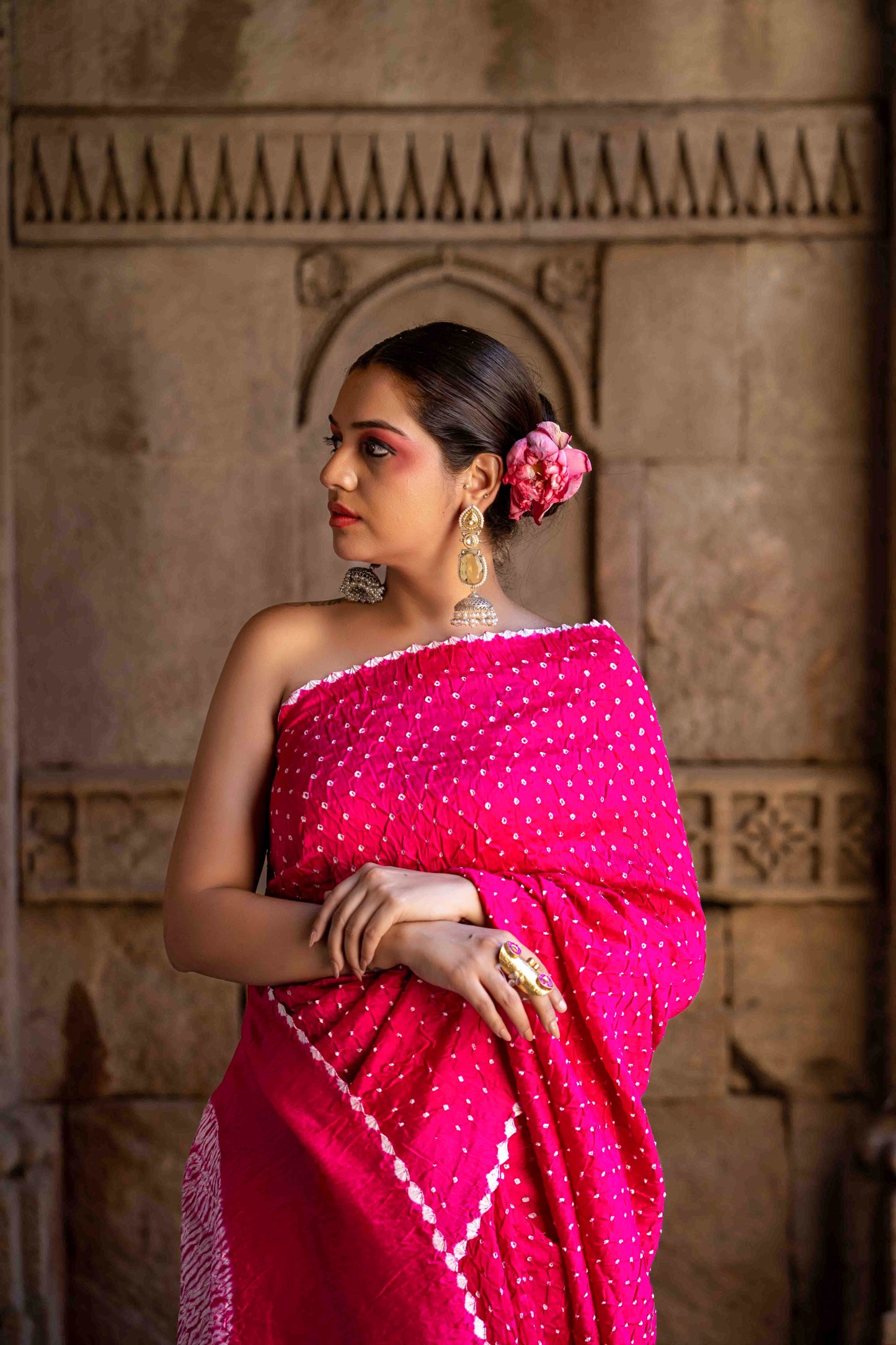 Pink Bandhani Shibori Saree With Artisanal Tassels
