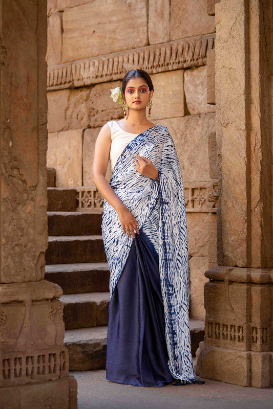 Blue Shibori Modal Saree With Handmade Tassels