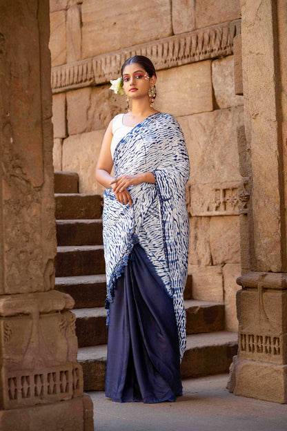 Blue Shibori Modal Saree With Handmade Tassels