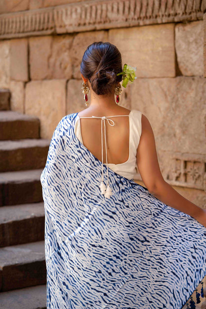 Blue Shibori Modal Saree With Handmade Tassels