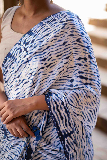 Blue Shibori Modal Saree With Handmade Tassels