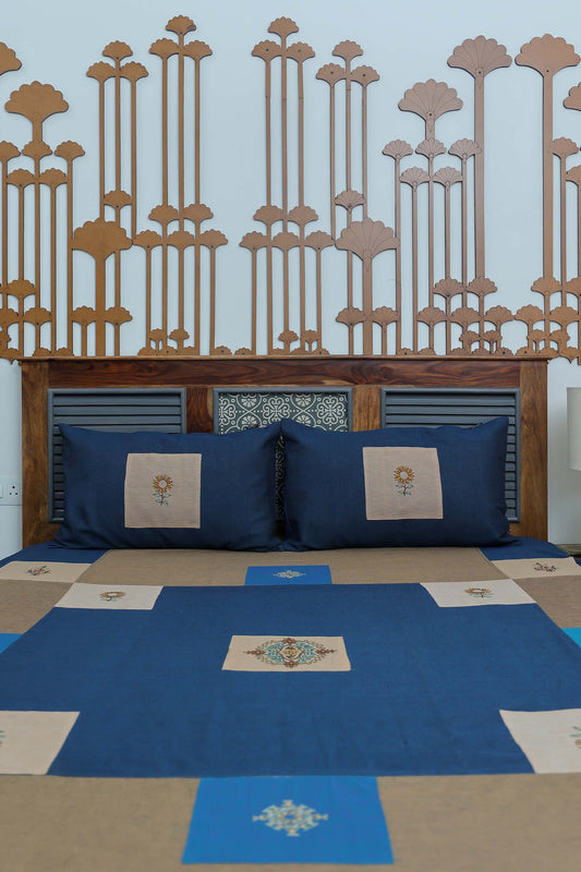 Blue Aari & Hand Work 9 Block Cotton Bedsheet Set | Craftroots
