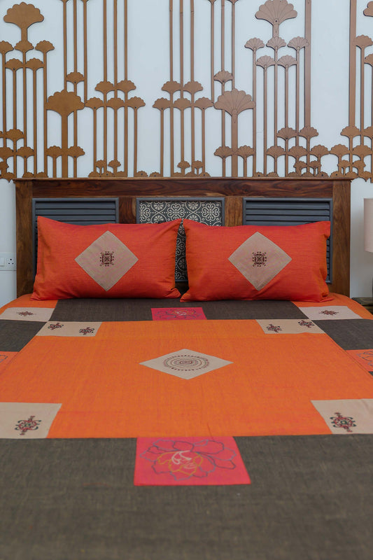 Orange Aari & Hand Work 9 Block Cotton Bedsheet Set | Craftroots

