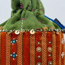 Green Mashru Potli with Orange Stripe | Bead & Brass Tikki Handwork | Gramshree