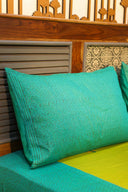 Green Block Print & Hand Work Cotton Bedsheet | Craftroots