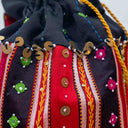 Maroon Mashru Potli with Black & Red Stripes | Bead & Brass Tikki Handwork | Gramshree