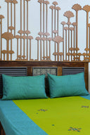 Green Block Print & Hand Work Cotton Bedsheet | Craftroots
